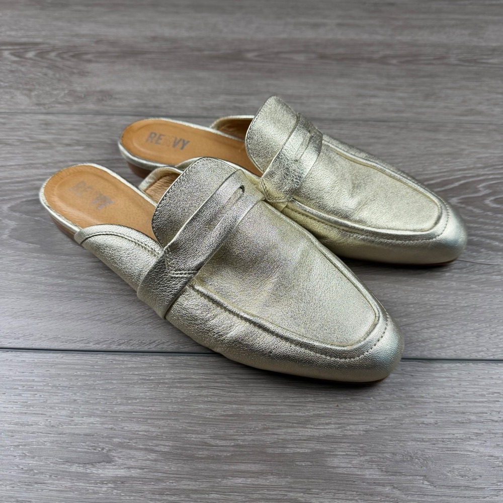 RENVY Womens Mules Nuti Leather Penny Loafer Slides Gold 8.5